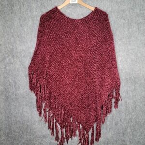Burgundy Velvet Fringe Poncho Shawl Cover Up Bohemian Festival Warm Soft‎ Cozy